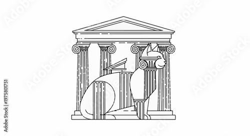 Stylized cat's head adorns ionic column within classical temple facade