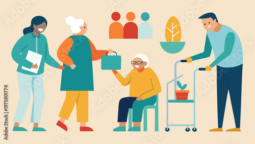 Elderly care, senior assistance, caregiver support, healthcare vector