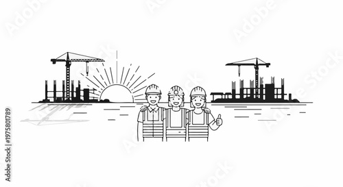 Three construction workers smiling at sunrise with cranes and building in background