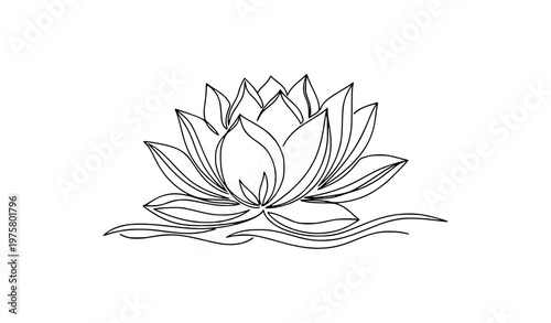 Continuous one line lotus flower vector illustration with water waves for vesak day design