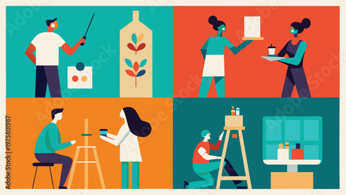 Creative people, artists at work, colorful illustrations, flat design