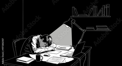 tired office worker under desk lamp