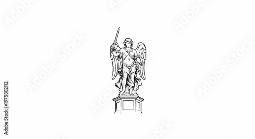 Stylized line drawing of an angelic figure with wings and a sword