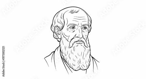 Stylized line drawing portrait of an ancient bearded man with prominent features