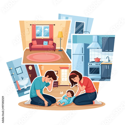 Family stressed with household chores, bills, and baby care, feeling overwhelmed