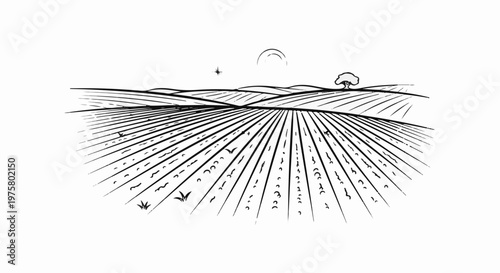 Stylized rural landscape with tilled fields, hills, and a lone tree under a faint sun