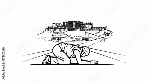 Pilgrim prostrates before grand palace complex on a hill amidst clouds