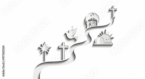 Symbolic journey featuring a star, crosses, dove, tomb, and sunrise