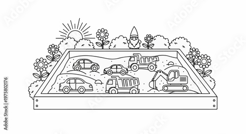 Sandbox scene with toys, sun, flowers, and a gnome