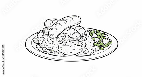 Sausages, mashed potatoes, and peas on a plate