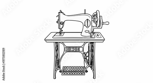 Vintage sewing machine on ornate table with foot pedal