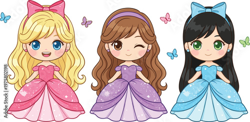 Vector illustration of three cartoon princess characters in colorful gowns with butterflies around them
