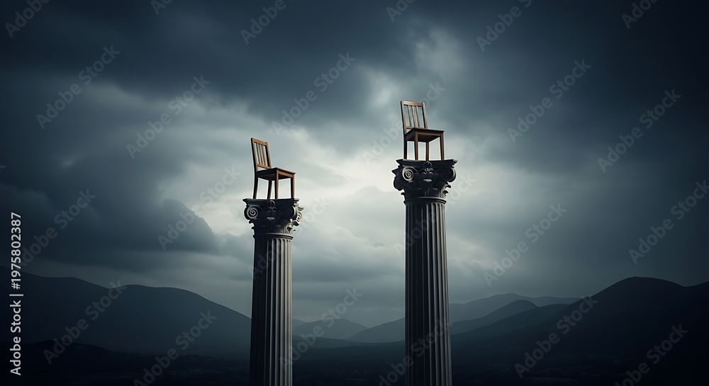Naklejka premium Two Empty Chairs on Tall Pillars Against a Dramatic Stormy Sky