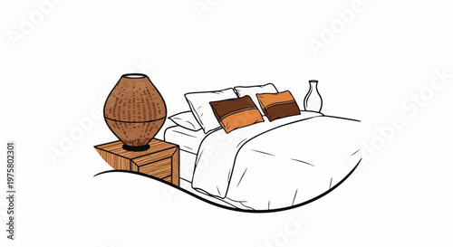 A sketched bedroom scene with a bedside lamp, bed with pillows, and vase
