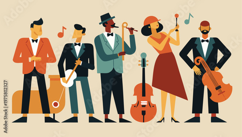Vintage jazz band, musicians, music icons, illustration, vector graphics