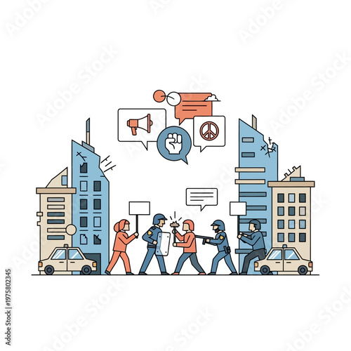 Protestors clash with police amid urban cityscape, illustration of social unrest