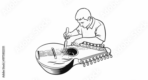 A man is carving an ornate musical instrument with a tool