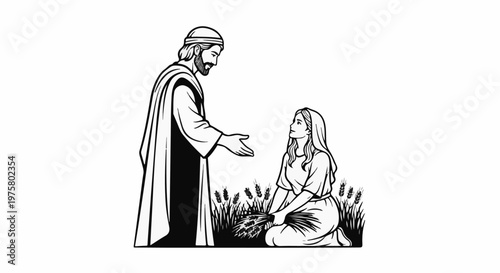 A man in robes reaches out to a kneeling woman holding wheat