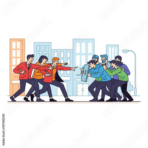 Protestors clash with police in urban setting, demonstrating conflict and social unrest.