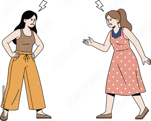 Vector illustration of two women arguing with angry expressions and frustration symbols