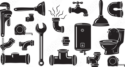 Plumbing tools and fixtures in black and white illustration