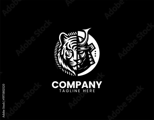 Tiger and samurai split face black vector logo illustration isolated on white background