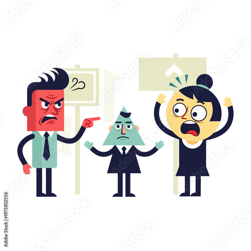 Angry boss scolding employee while colleague looks worried, flat design vector illustration