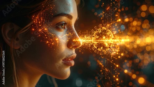 A woman's profile is illuminated with golden light, a corona shape in front