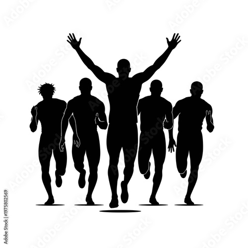Silhouette of a group of runners, one winner celebrating with arms raised
