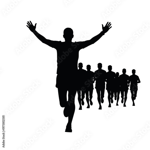 Silhouette of a runner crossing finish line with arms raised, followed by competitors.