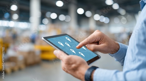Logistics manager tracks fleet location using GPS on tablet in busy warehouse setting
