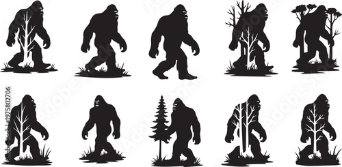 Bigfoot Silhouettes in Various Forest Environments and Poses Collection