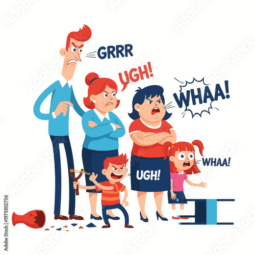 Angry Family Arguing and Shouting, Cartoon Illustration
