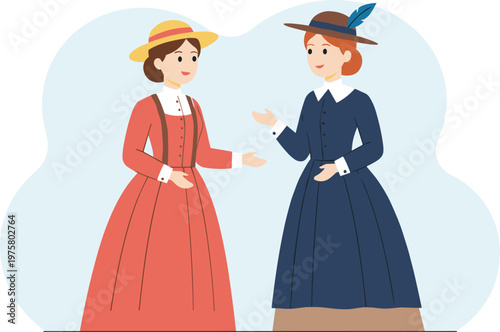 Vector illustration of two women in historical dresses talking with hats and vintage fashion details