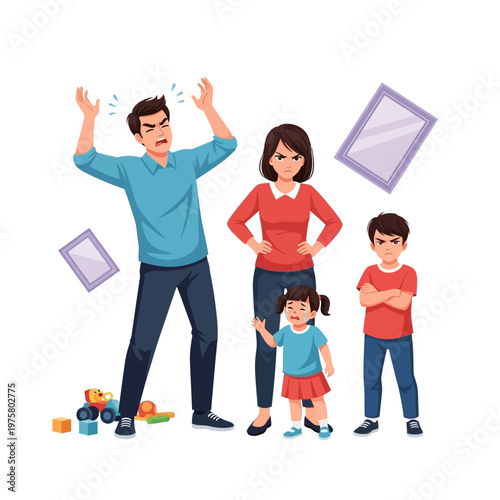 Angry Family Arguing, Parents Yelling at Children, Domestic Conflict Illustration