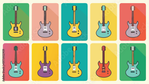Electric Guitar Icons, Colorful Music Symbols, Vector Graphics, 10 Guitar Illustrations