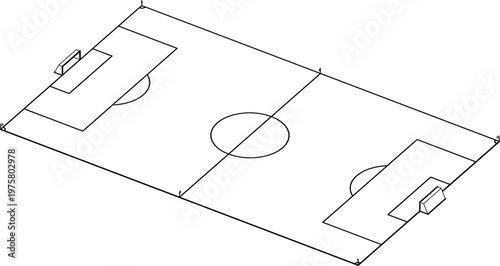 Technical Wireframe Football Pitch Isometric 3D Soccer Field Schematic.