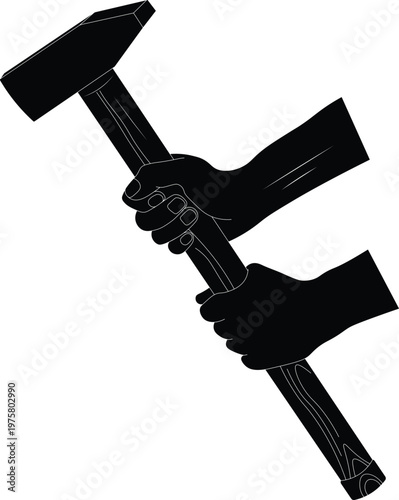 silhouette of a man's hands holding a sledgehammer with a wooden handle side view.