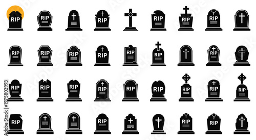 Comprehensive set of thirty-six gravestone icons in various architectural shapes with RIP and cross symbols for cemetery or spooky themed designs.