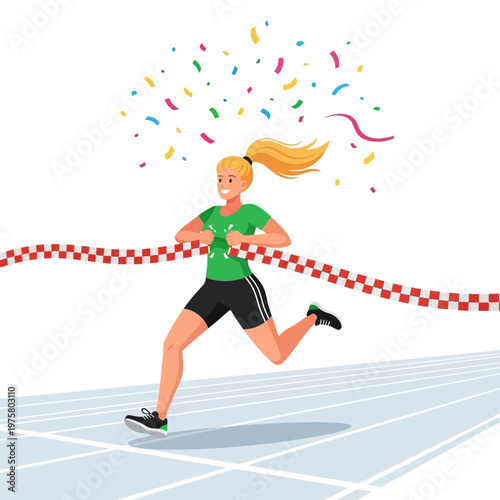 Woman runner breaking finish line tape, confetti celebration, sports achievement concept