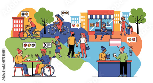 Urban lifestyle illustration with diverse people