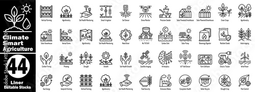 Climate smart agriculture linear icons set for sustainable farming.