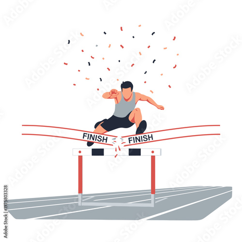 Athlete jumping over finish line hurdle breaking through to victory, confetti celebration
