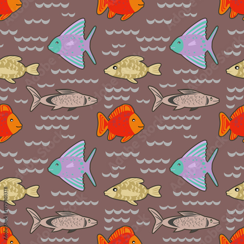 Vector - fishes in stormy water seamless pattern.