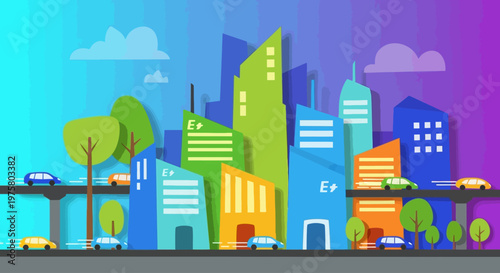 Vibrant cityscape with colorful buildings and trees on a rainy day