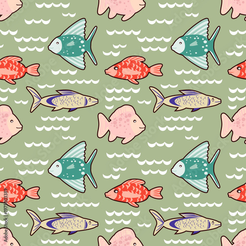 Vector - fishes in stormy water seamless pattern.
