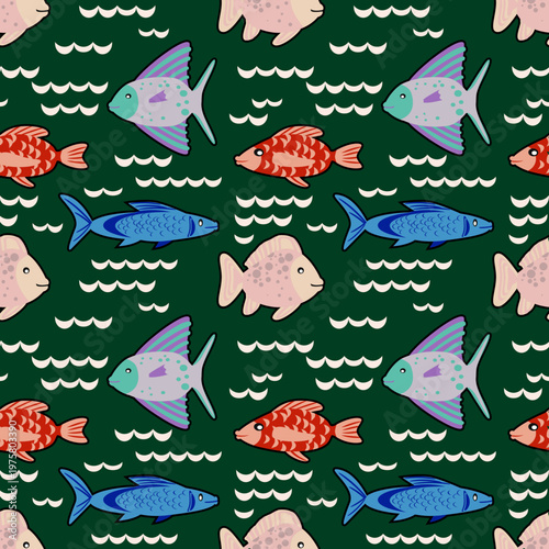 Vector - fishes in stormy water seamless pattern.