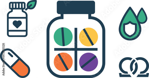 colorful pills and vitamins in a bottle with omega 3 and leaf icons