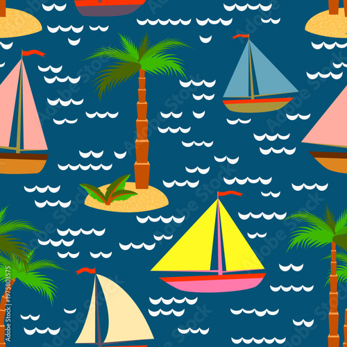 Vector - see scape with sail boats and palm trees seamless pattern.
