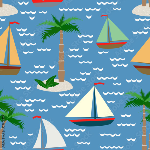 Vector - see scape with sail boats and palm trees seamless pattern.
